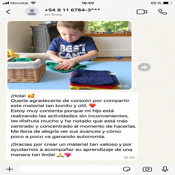 Testimonio real por WhatsApp: una mamá agradece el material y cuenta que su hijo realiza las actividades sin inconvenientes, las disfruta y está más centrado y concentrado.